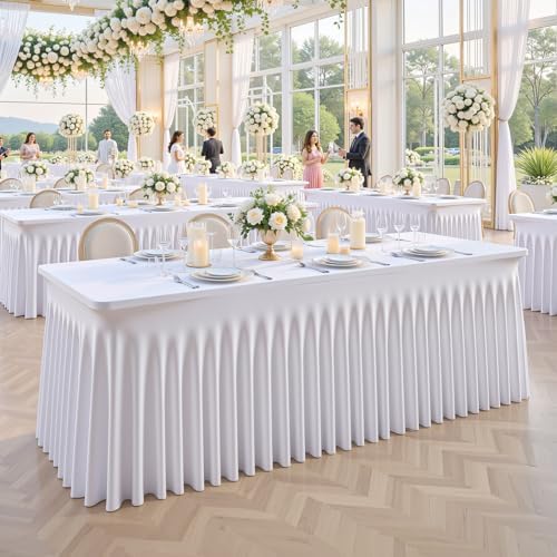 Besutolife White Spandex Tablecloth with Skirt for 8ft Rectangle Tables 2 Packs-Wrinkle-Resistant Stretchable Machine Washable Perfect for Weddings Banquets Birthday Parties Events - Image 5
