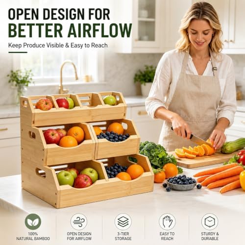 3 Tier Bamboo Pantry Storage Bins, Stackable Onion and Potato Storage Bins - Image 4
