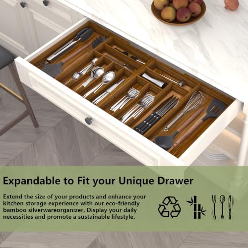 Suli Extra Large Silverware Drawer Organizer,Expandable 22in to 37in,Acacia | 2.6in Deep,13 Slot,Removable Design,Expandable Utensil Tray for Drawer,Big Adjustable Cooking Cutlery Flatware Holder,Brown - Image 3