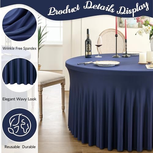 Outpain 6 Pack Spandex Navy Blue Round Tablecloths for 60in Tables, 120Inch Stretchy Fitted 5FT Round Table Clothes,Wrinkle Free Table Cover with Skirt for Wedding Party Dining Banquet - Image 3