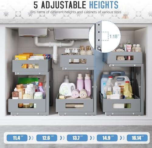 2-Pack Under Sink Organizers And Storage,Large Capacity 2-Tier Pull-Out Cabinet Organizer With Upgraded Tube Rails,Adjustable Height Sliding Drawers,Sturdy Mesh Shelves For Kitchen&Bathroom-Grey - Image 5