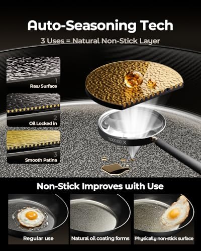 2-Piece Auto-Seasoning Carbon Steel Pan Set 10 & 12 Inch, Deep Nitrided Skillets Professional Cookware Bundle, Pre-seasoned, Wooden Handle, PFAS & PFOA-Free - Image 3