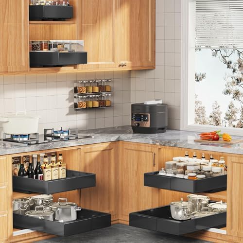 Seinloes 2 Pack Expandable Pull Out Cabinet Organizer 21" Deep with Raising Pad for Framed Cabinets,Upgrade 3 Slide Rails Slide Out Drawers,Roll Out Shelves Adhesive,Adjustable Width 9"-14.1" Black - Image 5