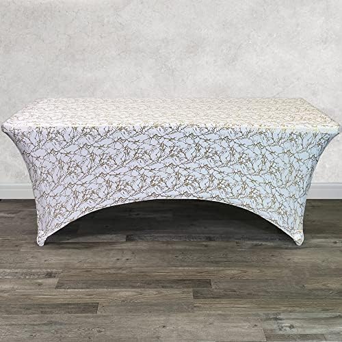 YOUR CHAIR COVERS 8 ft Spandex Rectangular Table Cover, White/Gold Marbling - Image 2