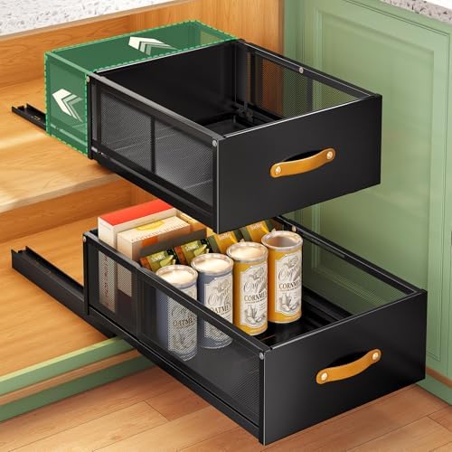 Pull out Cabinet Organizer, 2-Pack Expandable Depth(15.7"-21.7") with Raising Pad for Framed Cabinets, Heavy Duty Slide out Drawers,Roll Out Shelves for Kitchen, Pantry Organizers and Storage(Black) by Kitstorack