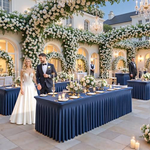2 Pack 6ft Navy Blue Spandex Table Cloths for Rectangle Tables Wrinkle Free Rectangle Tablecloths, Stretch Fitted Table Cover with Skirt for Birthday Party Wedding Banquet Baby Shower Buffet Event - Image 4