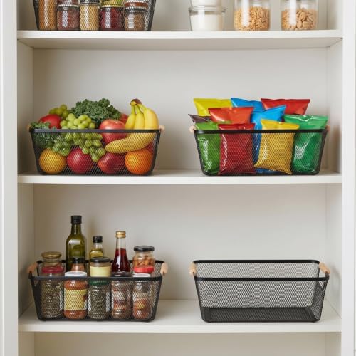 Ziliny 4 Pcs Metal Mesh Wire Baskets with Wooden Handles for Organizing, Pantry Organizers and Storage Steel Bin Kitchen Baskets for Fruit Potato Onion Snacks Bathroom Cabinet(Small,Black) - Image 5