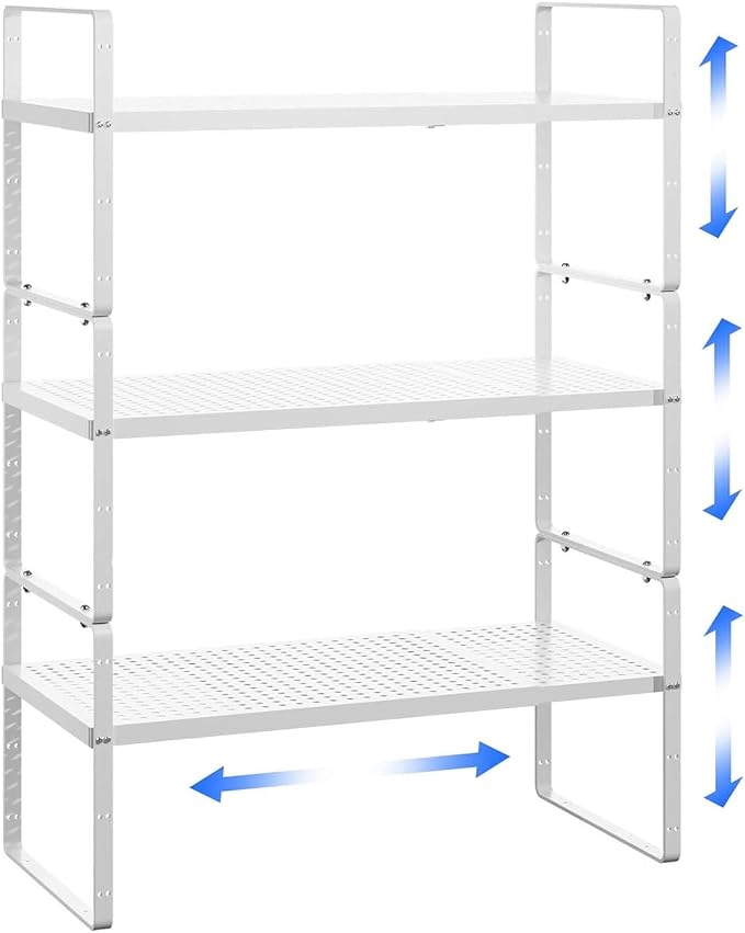 Expandable Cabinet Shelf Organizer Adjustable Metal Spice Rack Stackable Freestanding Counter Storage Shelves for Kitchen Cabinet Under Sink Office Desk (White - 3Pack - L16.5-27'' * W10.2'' * H9.6'') by Suzlon