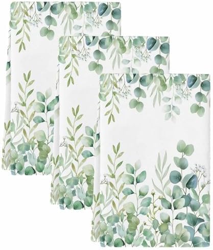 Green Eucalyptus Kitchen Towels Set of 3, Absorbent Dish Towels for Kitchen, Botanical Summer Leaves Country Floral Microfiber Hand Towel, Quick Drying Tea Towel for Cleaning Decorative Dishcloths - Image 2