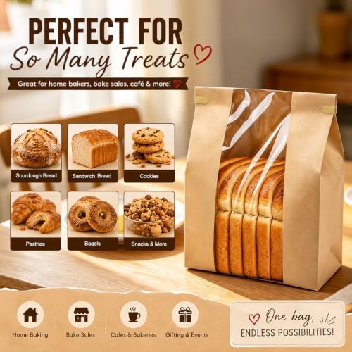 150 Pack Large Paper Sourdough Bread Bags with Tin Tie Tabs & 500 Stickers | 14" X 8.3" X 3.5" Kraft Bags with Clear Window Bread Bags for Homemade Bread, Bakery Display, Cookies, Popcorn and Gifts - Image 7
