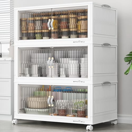 BROVIEW 360Qt Stackable Storage Bins with Lid, Extra Large Closet Organizer Collapsible Drawer Boxes with Wheels, Folding Plastic Cabinet Containers for Home Kitchen Room Organization, 3Pack White by BROVIEW-EnjoytheArtofLife