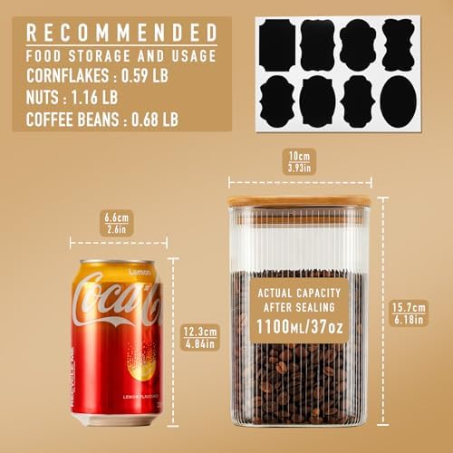 D2scrma 37oz Airtight Glass Square Storage Canisters with Bamboo Lids Set of 4 (1100ml) Striped Stackable Containers, Decorative Kitchen Jars for Tea, Nuts and Coffee (‎with Black Lable) - Image 2
