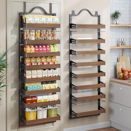8-Tier Pantry Door Organizer, Over the Door Pantry Organizer with Wooden Adjustable Baskets, 2 IN 1 Spice Rack Wall Mount or Door Organizer, Door Spice Rack for Pantry（72.6×17.1×5.1in,Black) by FREEXPLOYER