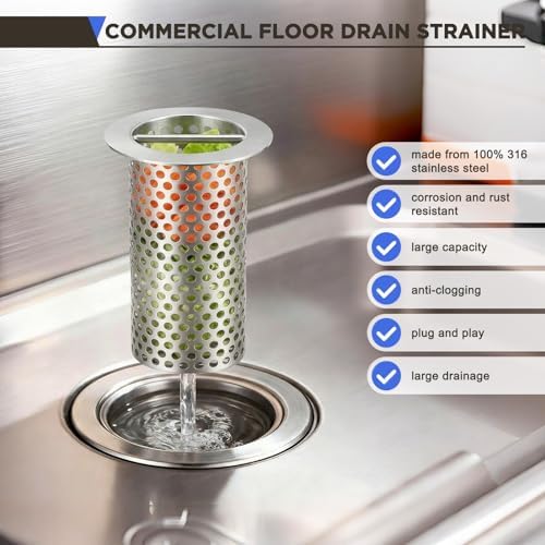 1 Pcs Commercial Floor Drain Strainer Perforated Cylindrical Mesh 316 Stainless Steel Drain Basket with Carry Handle –heavy-duty, for Restaurants, Kitchens, Factory (2" Diameter X 4" Tall) - Image 3