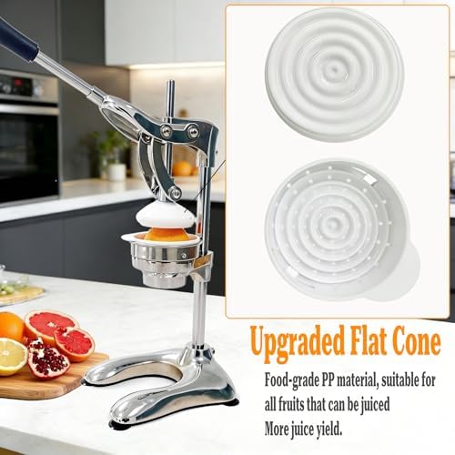 2IN1 Cast Aluminum Manual Citrus Juicer Hand Press,Upgraded of Iron,Funnel Cone in 304 Stainless Steel,H 17.72inch,Orange Lemon Pomegranate Squeezer Machine Heavy Duty,Electroplate Surface(Silver) - Image 2