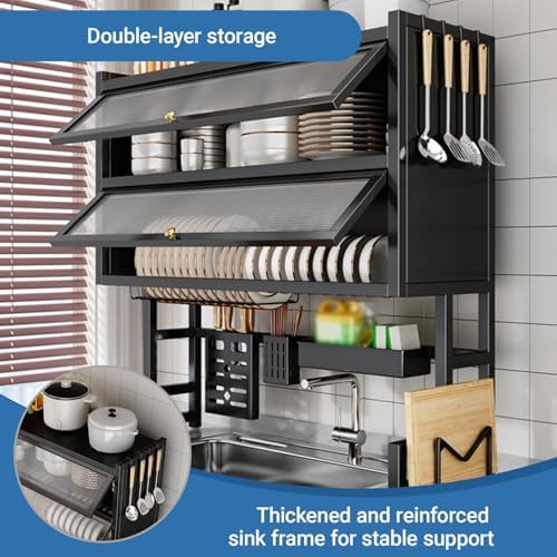 Large 2-Tier Metal Over Sink Dish Drying Rack with Flip-top Door Dish Organizer Rack with Removable Cutlery Basket and Drip Tray for Plates Bowl Sink(Black,105CM/33.5IN) - Image 4