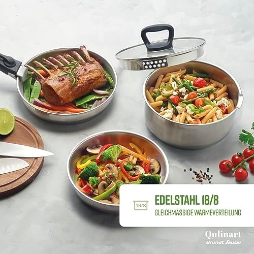 4-Piece Induction Cookware Set – Set of 3 Stainless Steel Saucepans 16, 18 and 20 cm with Removable Handle – Stainless Steel – Set for Any Heat – Silver - Image 3