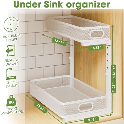 Under Sink Organizer 2-Pack, Metal 2-Tier Pull-Out Cabinet Shelf with Slide-Out Mesh Drawers, Height Adjustable, Space-Saving Under Sink Storage Racks for Kitchen, Bathroom, Laundry Room, White - Image 4