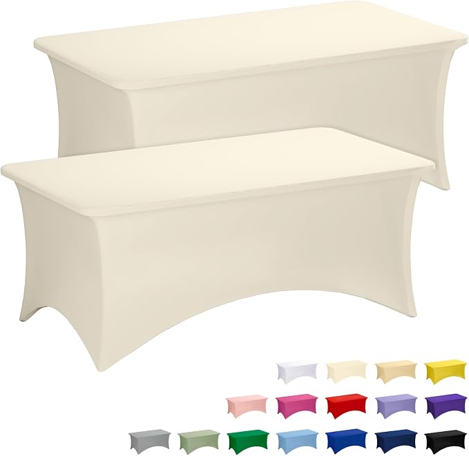 Fixwal 2 Pack 6FT Ivory Tablecloth Rectangle Spandex Fitted Table Cover by Fixwal