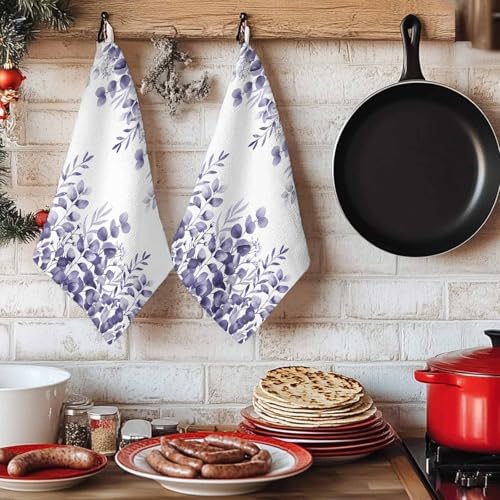 Purple Eucalyptus Kitchen Towels Set of 3, Absorbent Dish Towels for Kitchen, Botanical Summer Leaves Country Floral Microfiber Hand Towel, Quick Drying Tea Towel for Cleaning Decorative Dishcloths - Image 6