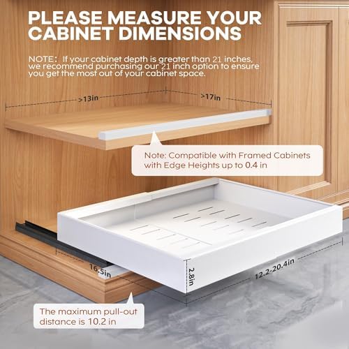 Seinloes 2 Pack Expandable Pull Out Cabinet Organizer 16.5"Deep with Raising Pad for Framed Cabinets,Upgrade 3 Slide Rails Slide Out Drawers,Roll Out Shelves Adhesive,Adjustable Width 12.2"-20.4"White - Image 4