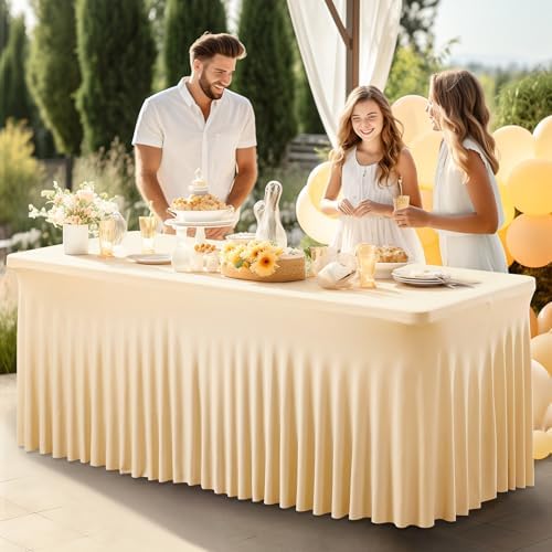 PARTISKY 2 Pack Champagne Spandex Table Cloths for Rectangle Tables 8ft, Champagne Table Skirt for Party, Table Cover with Skirt for Wedding Folding Table Banquet Baby Shower & Birthday Parties - Image 5