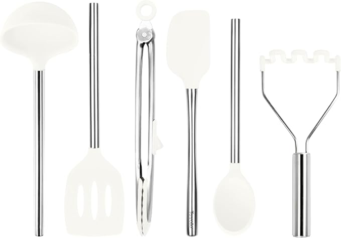 Tovolo Silicone Cooking Utensil Set of 6 Stainless Steel Handle Ladle Slotted Turner Tongs Flex Core Spatula Scraper Mixing Spoon & Potato Masher, Dishwasher Safe BPA Free Utensils, White by Tovolo