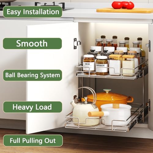 2 Tier Individual Pull Out Cabinet Organizer 22½" W x 21½" D, Heavy Duty Cabinet Pull Out Shelves, Slide Out Drawers Organization for Kitchen Cabinets Bathroom - Image 2