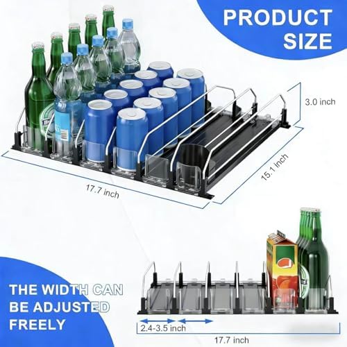 6 Rows Black Drink Organizer for Fridge, 3rd Gen Refrigerator Organizers and Storage, Automatic Pusher Glide and Adjustable Width Can Organizer for Refrigerator - Holds up to 30 Cans - Image 3