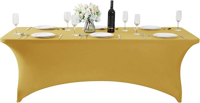 MDS® Pack of 2 Spandex Tablecloth 6FT Tight Fitted Stretch Table Cover – Washable Wrinkle-Free Reusable Elastic Patio Tablecloth for Wedding, Party, Banquet, Trade Show, Event Décor - Gold - Image 3