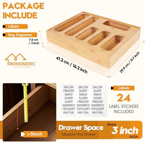 Bamboo Ziplock Bag Organizer for Kitchen Drawer & Wall Mount, Food Storage Baggie Holder, Fits Gallon Quart Sandwich Snack Freezer & Slider Bags, No Assembly, 6 in 1,Natural Color - Image 3
