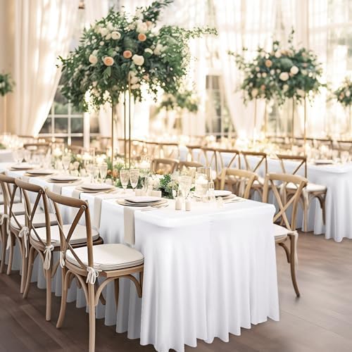 Wish Care 12 Pack White Spandex Table Clothes for 6 Foot Rectangle Tables, 6FT Wrinkle Free Fitted Tablecloths Ruffles Design Table Cloth for Party, Banquet, Wedding and Events - Image 2