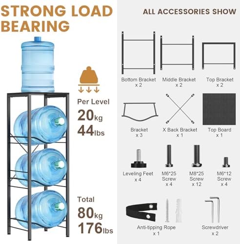 Housolution 3-tier 5 Gallon Water Jug Holder with Storage Shelve | 5 Gallon Water Bottle Holder, Water Jug Stand, Water Jug Rack, Water Bottle Organizer for Kitchen,Office,Living Room, Black - Image 3