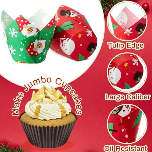 Motiskyy 300 Pcs Jumbo Muffin Liners for Baking 2-1/4" x 4" Large Tulip Cupcake Liners Greaseproof Cupcake Wrapper Paper for Weddings Birthday Christmas Anniversaries Party (Christmas Color) - Image 3