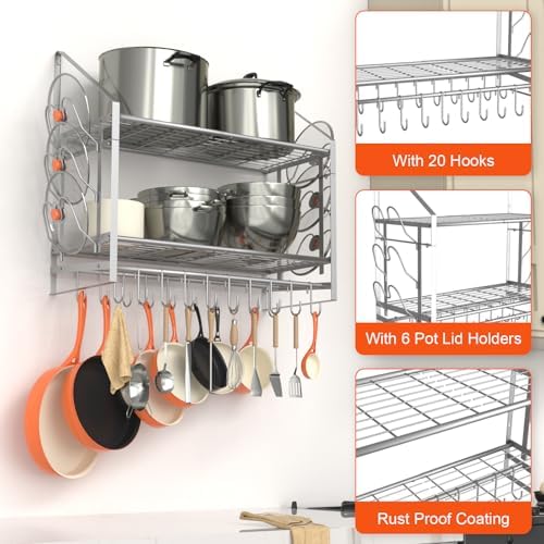 VyGrow 28 Inch Pot Rack Wall Mounted, 2 Tier Pots and Pans Organizer with 20 Hooks and 6 Pot Lid Holders, Heavy Duty Steel Pot and Pan Hanger for Kitchen Cookware Utensils Storage, Silver - Image 5