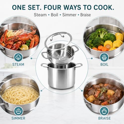 DELARLO 8 Quart Tri-Ply 18/10 Stainless Steel Stock Pot with Steamer - Image 4