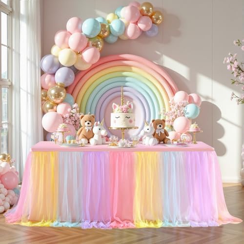 Pastel Rainbow Table Cloths for Parties Tulle Table Skirts Rectangle Tables 6ft Fitted Spandex Table Covers Stretch Elastic Banquet Wedding Baby Shower Birthday Party Table Cloths 6 Foot Rectangle - Image 4