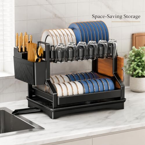 Fandian Black Dish Drying Rack 2 Tier Dish Racks for Kitchen Counter and Sink, Large Dish Drying Rack with Drainboard & Utensil Holders Stainless Steel Dish Drainers Kitchen Organization and Storage - Image 4