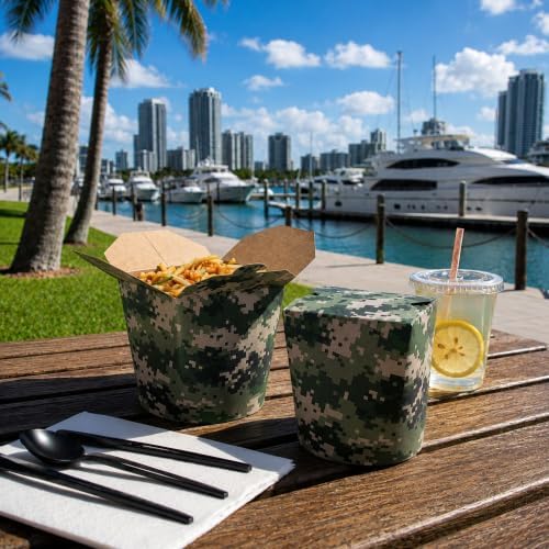 Bio Tek 4 x 3.5 x 4.5 Inch Food Containers, 50 Noodle Takeaway Boxes - Disposable, Sturdy, Camouflage Paper 32 Ounce Take Out Boxes, Round, For Hot Or Cold Foods - Restaurantware - Image 4