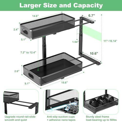 Under Sink Organizer 2 Pack, High Adjustable 2 Tier Under Sink Organizers and Storage, Slide out Metal Cabinet Organizers, Pull out Storage Drawer Shelf for Kitchen Bathroom Cabinet (Black) - Image 4