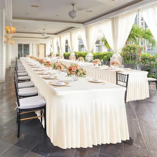 PARTISKY 6 Pack Ivory Spandex Table Cloths for Rectangle Tables 8ft, Ivory Table Skirt for Party, Table Cover with Skirt for Wedding Folding Table Banquet Baby Shower & Birthday Parties - Image 2