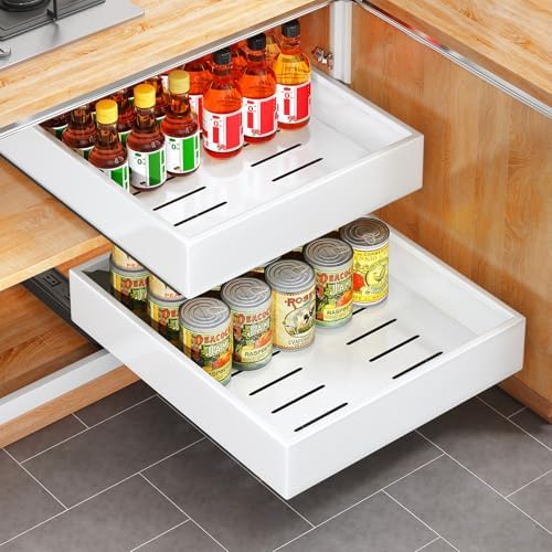 2Pack Pull out Cabinet Organizer, 21"Deep, Heavy Duty Full-extension Slide out Drawers for Kitchen Cabinet, Roll out Shelf Storage with Nano Adhesive for Pots, Bathroom, Pantry, Home, White by Kitstorack
