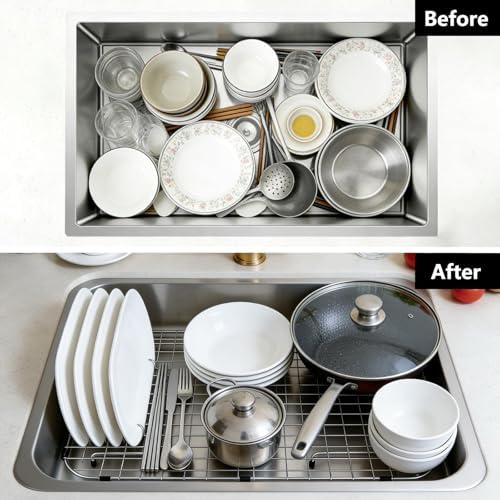 AWOKE Sink Rack for Bottom of Sink (26 x 14.2 Inch), Center Drain Sink Protectors for Kitchen Sink, Stainless Steel Heavy Duty Metal Wire Grate for Single Bowl Farmhouse Sink Bottom,Soft Rubber Feet - Image 5