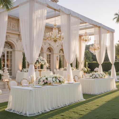 CO-AVE 2pack Ivory Tulle Tablecloth for 6ft Rectangular Tables, 2-in-1 Elastic Stretch Spandex Cover with Tutu Ruffle Skirt, Wrinkle Free for Wedding, Birthday, Banquet, Buffet, Bridal Shower - Image 6