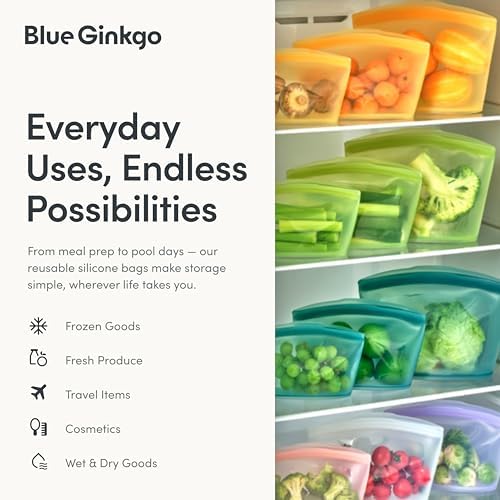 Blue Ginkgo Silicone Food Storage Bags, 4-Pack, Reusable, Made in Korea | Leakproof. Stand Up. Freezer and Dishwasher Safe. (Clear) - Image 5