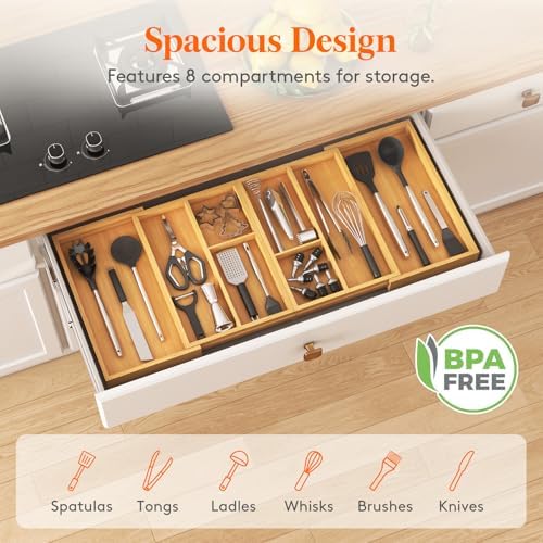 Lifewit Expandable Utensil Organizer for Kitchen Drawer, Cutlery Holder | Adjustable Cooking Silverware Tray, Bamboo Flatware Spatula Tools Gadgets Storage Divider, 21-36 x 16", Natural - Image 5