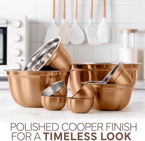 COOK WITH COLOR 18 Piece Mixing Bowls Set with Airtight Lids, Stainless Steel Bowl Organizers, Food Storage Containers, Meal Prep, Nesting Salad Bowls For Cooking, Baking, Kitchen Use, Copper - Image 3