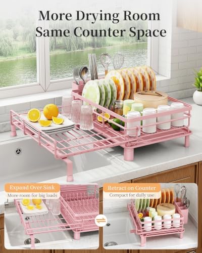 SAYZH Expandable Dish Drying Rack for Kitchen Counter, Metal, Pink - Image 3