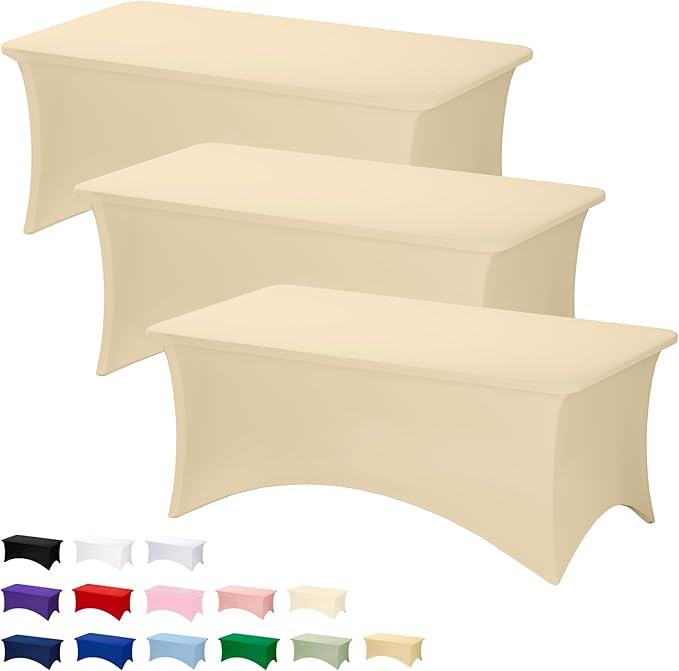 Fixwal 3 Pack 6FT Champagne Tablecloth Rectangle Spandex Fitted Table Cover by Fixwal