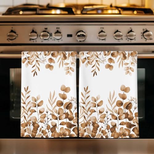 Brown Eucalyptus Kitchen Towels Set of 3, Absorbent Dish Towels for Kitchen, Botanical Summer Leaves Country Floral Microfiber Hand Towel, Quick Drying Tea Towel for Cleaning Decorative Dishcloths by Unknown